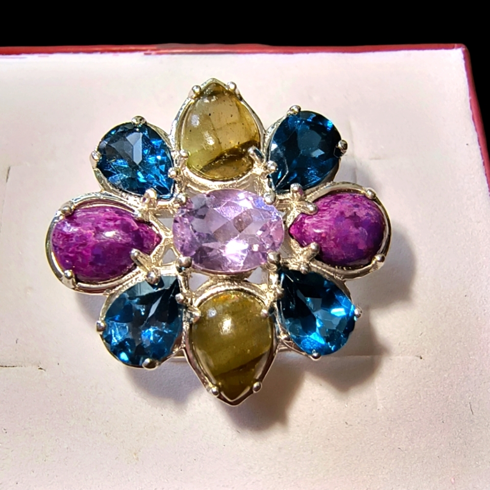 Multi Genuine Gemstone & Sterling Silver Cluster Cocktail Ring Size 6 3/4